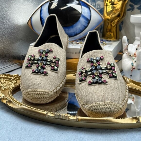 🆕 TORY BURCH 🧿 NWOB Ines Linen & Leather Bejewelled Espadrilles - Sz  9 M - Picture 5 of 13